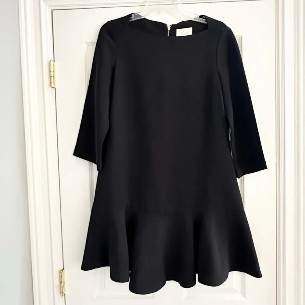 Kate Spade Black Crepe Flounce Dress Solid Size 8 Bateau Boat Neck Mini Elegant